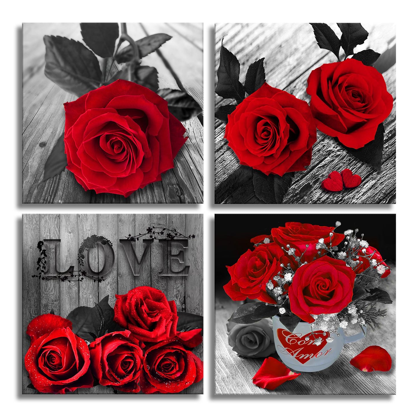 Red Rose Canvas, 4 Pieces