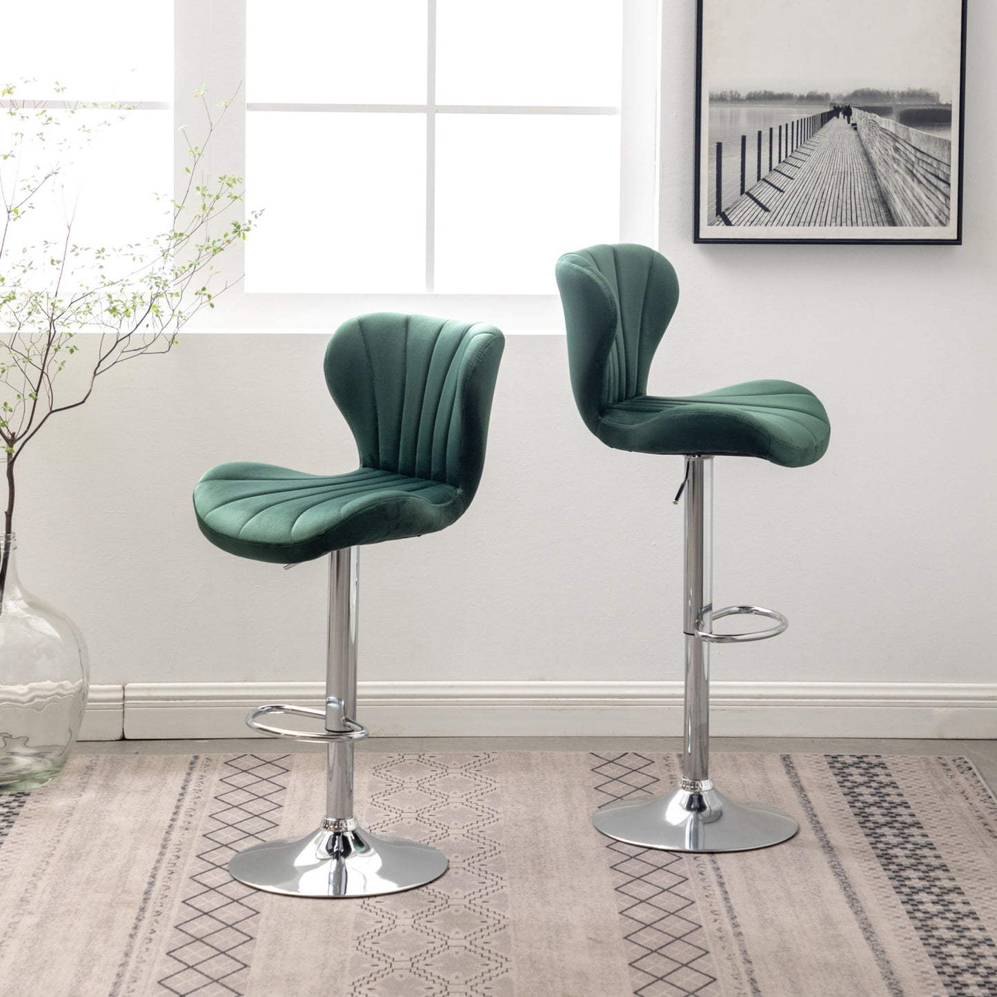 Upholstered Adjustable Swivel Barstools in Green, Set of 2