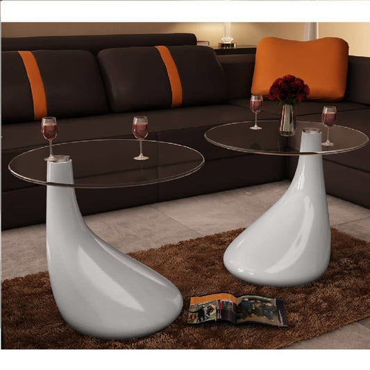 Gloss White Coffee Tables 2 pcs with Round Glass