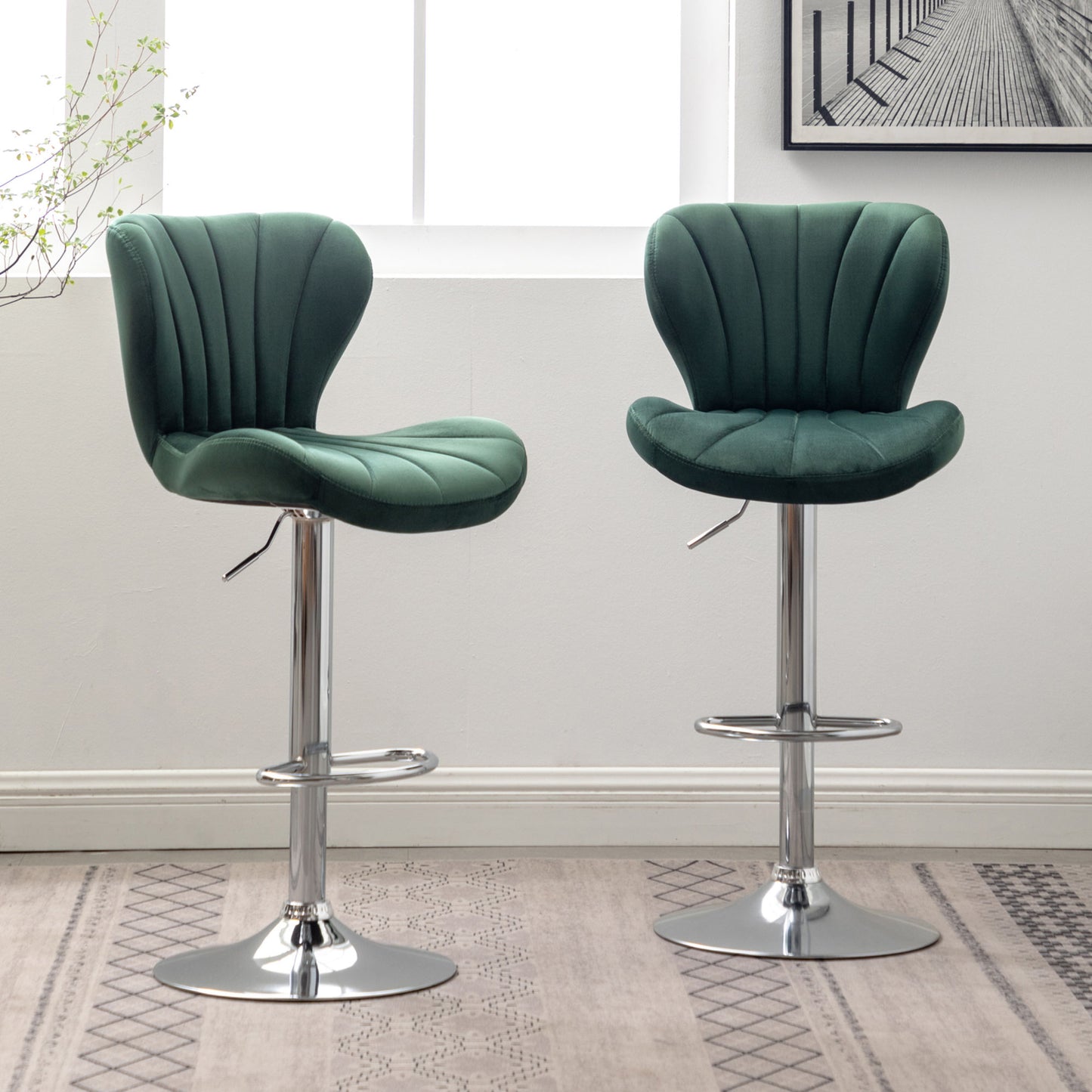 Upholstered Adjustable Swivel Barstools in Green, Set of 2