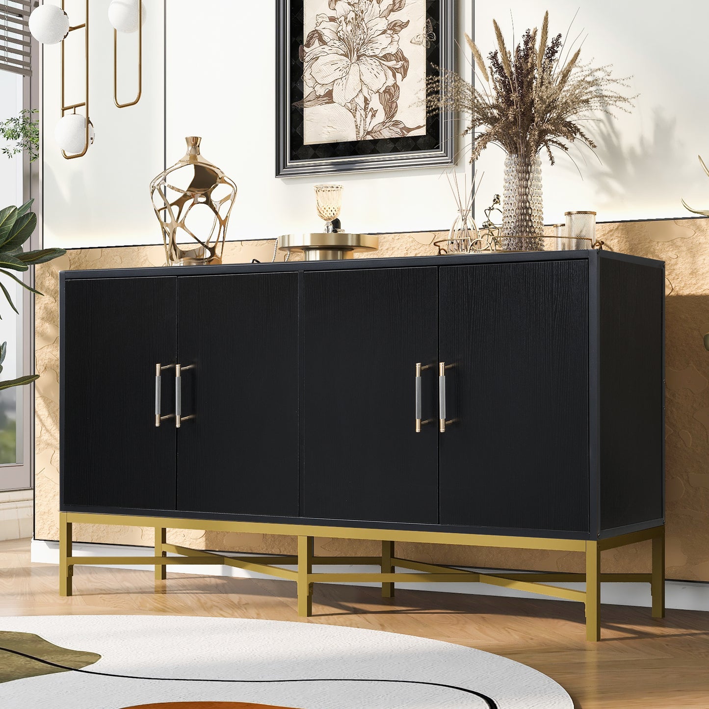 Four-Door Sideboard with Metal and Cross-Leg Design