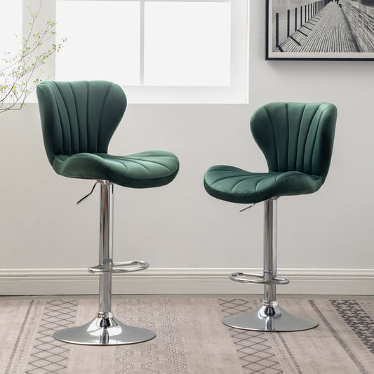 Upholstered Adjustable Swivel Barstools in Green, Set of 2