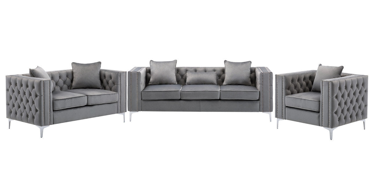 Lorreto Gray Velvet Fabric Sofa Loveseat Chair Living Room Set