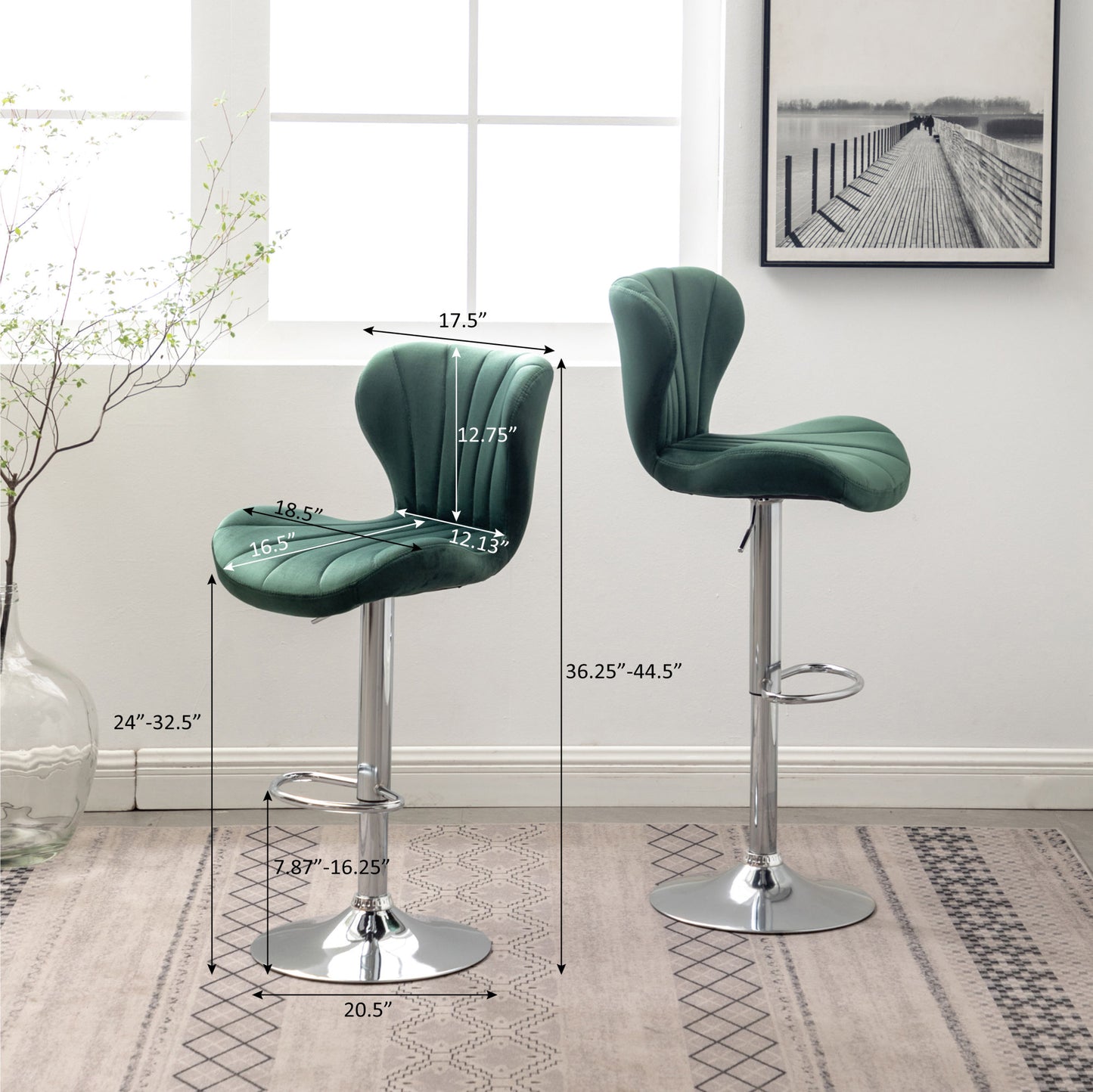 Upholstered Adjustable Swivel Barstools in Green, Set of 2