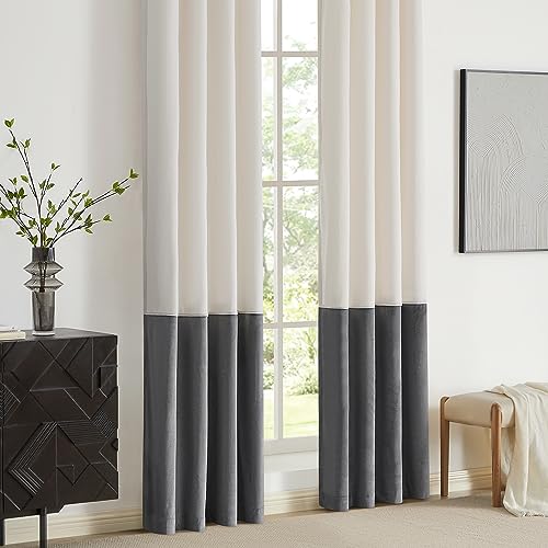 2 Tone Velvet Block Window Curtain Panels