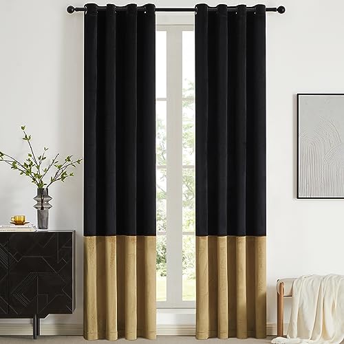 2 Tone Velvet Block Window Curtain Panels