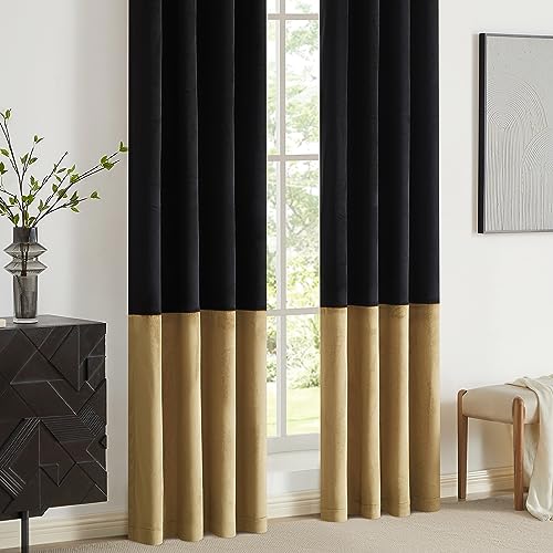 2 Tone Velvet Block Window Curtain Panels