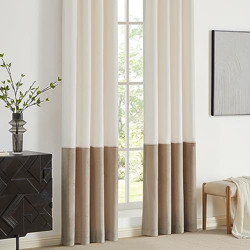 2 Tone Velvet Block Window Curtain Panels