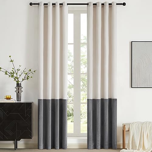 2 Tone Velvet Block Window Curtain Panels