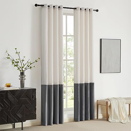 2 Tone Velvet Block Window Curtain Panels