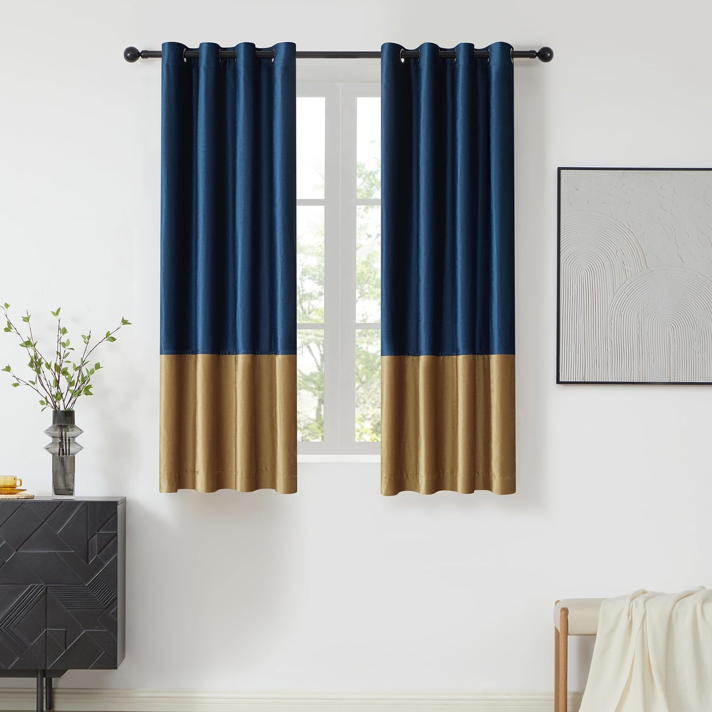 2 Tone Velvet Block Window Curtain Panels