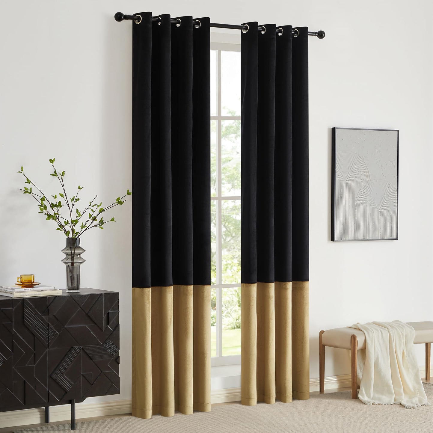 2 Tone Velvet Block Window Curtain Panels