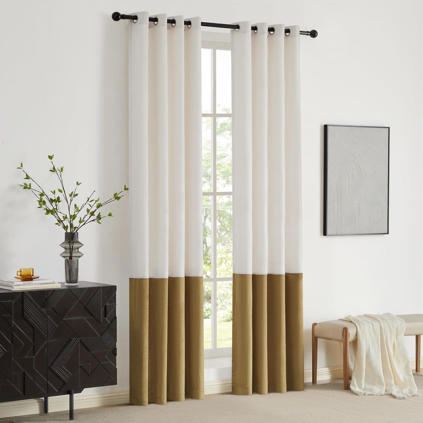 2 Tone Velvet Block Window Curtain Panels