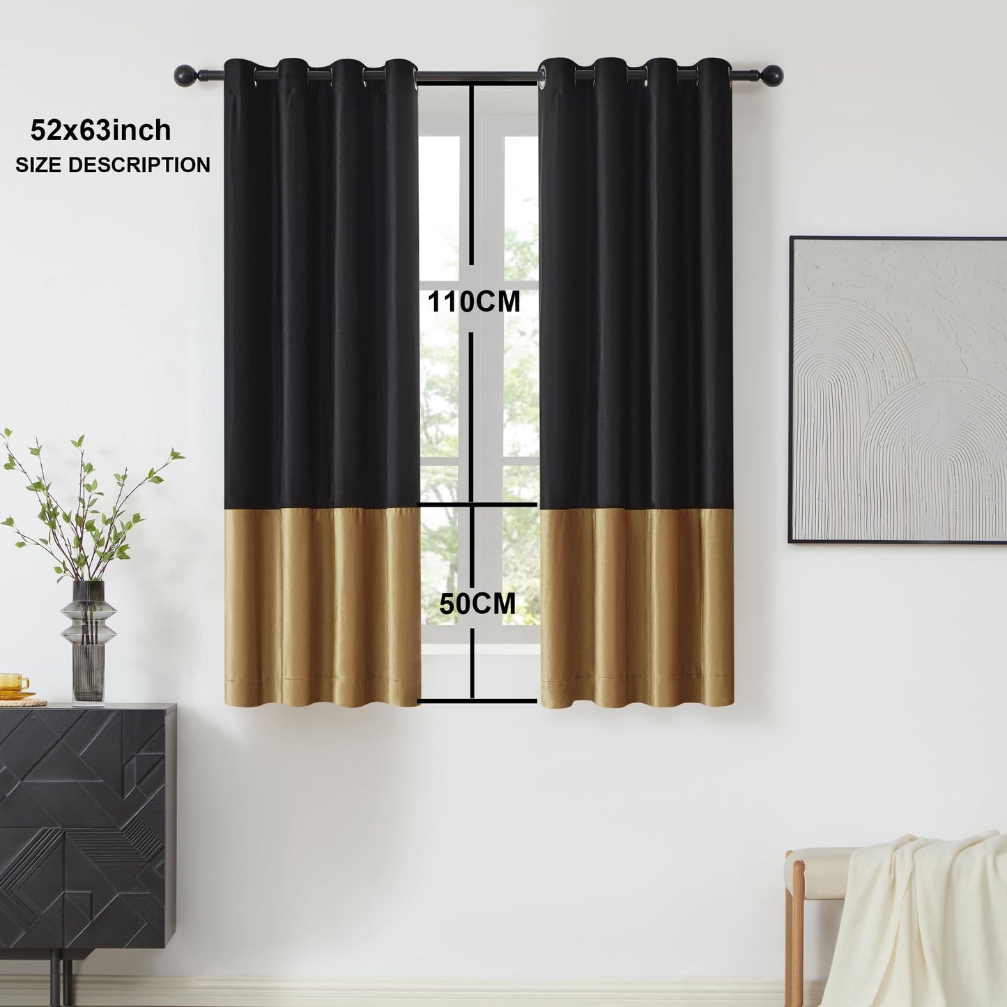 2 Tone Velvet Block Window Curtain Panels