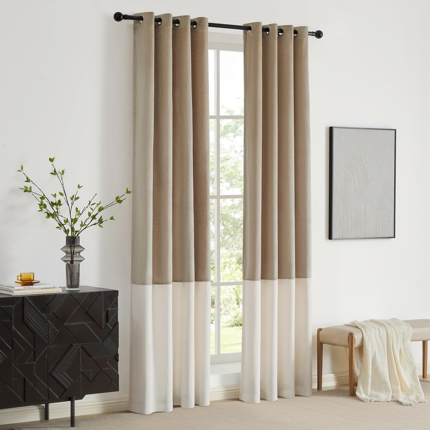 2 Tone Velvet Block Window Curtain Panels