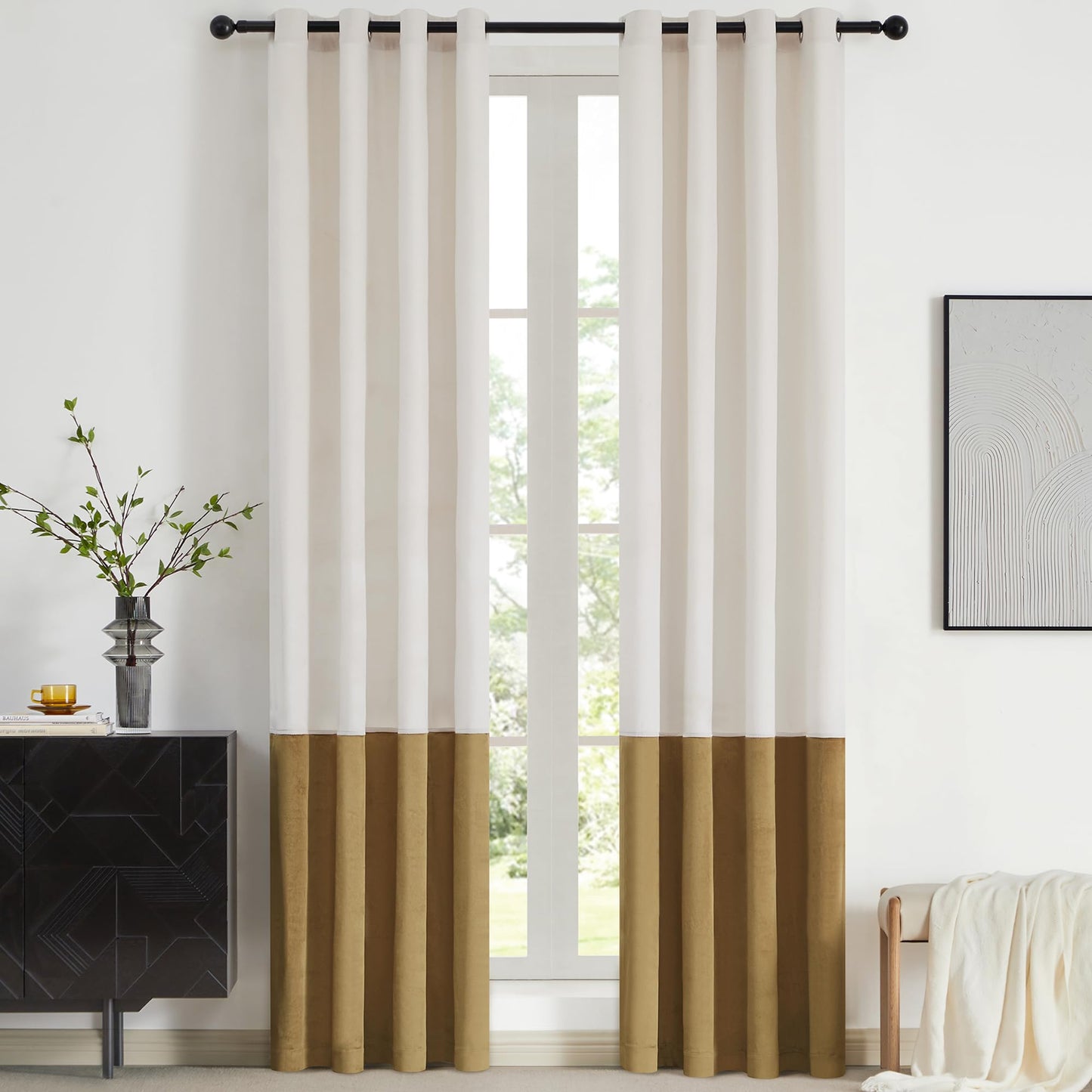 2 Tone Velvet Block Window Curtain Panels