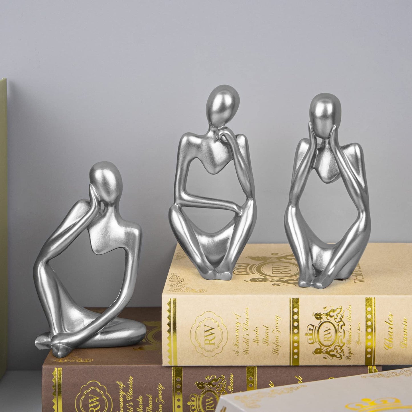 Silver Thinker Statues, 3pc