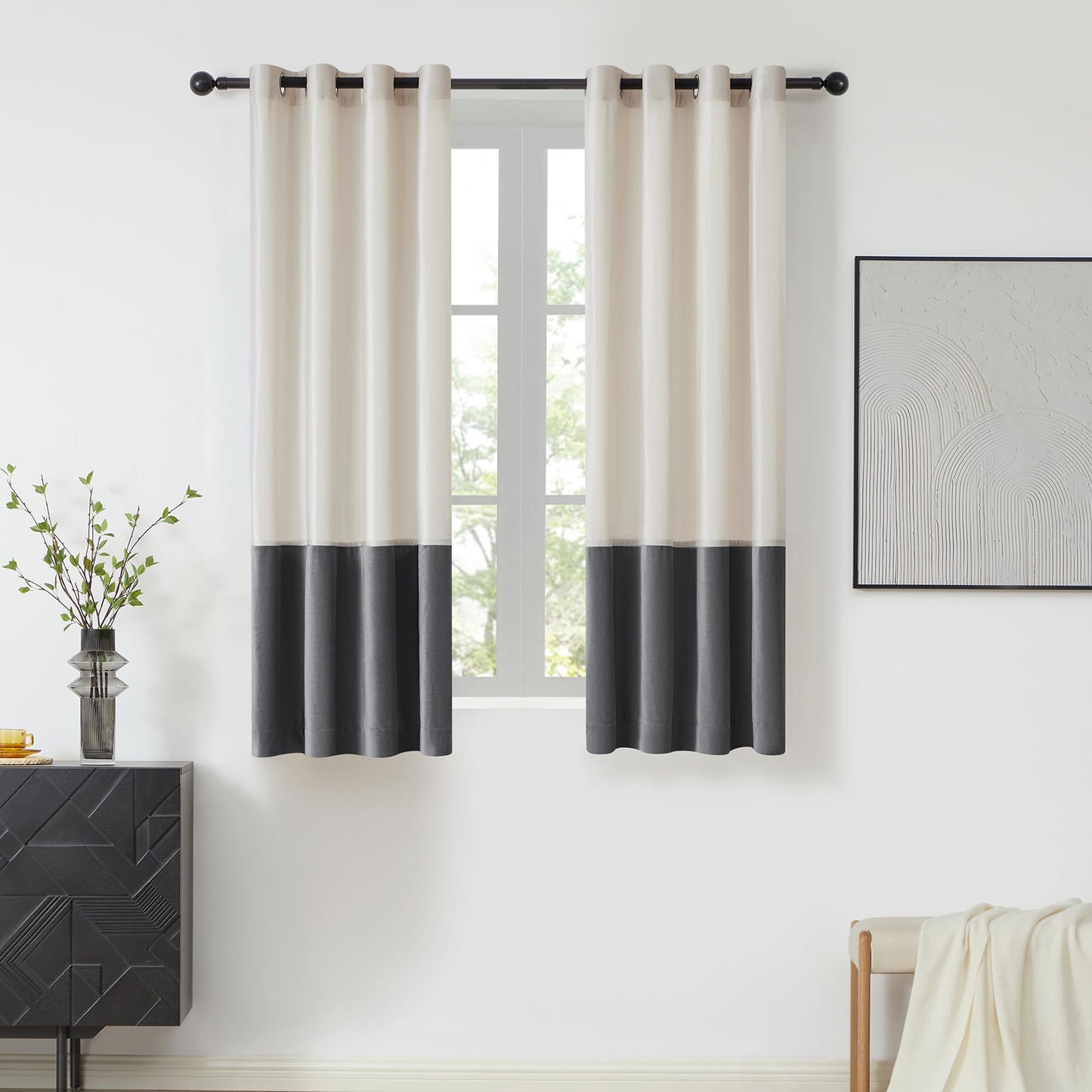 2 Tone Velvet Block Window Curtain Panels