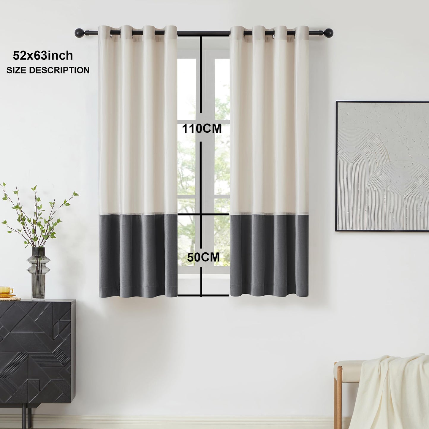 2 Tone Velvet Block Window Curtain Panels