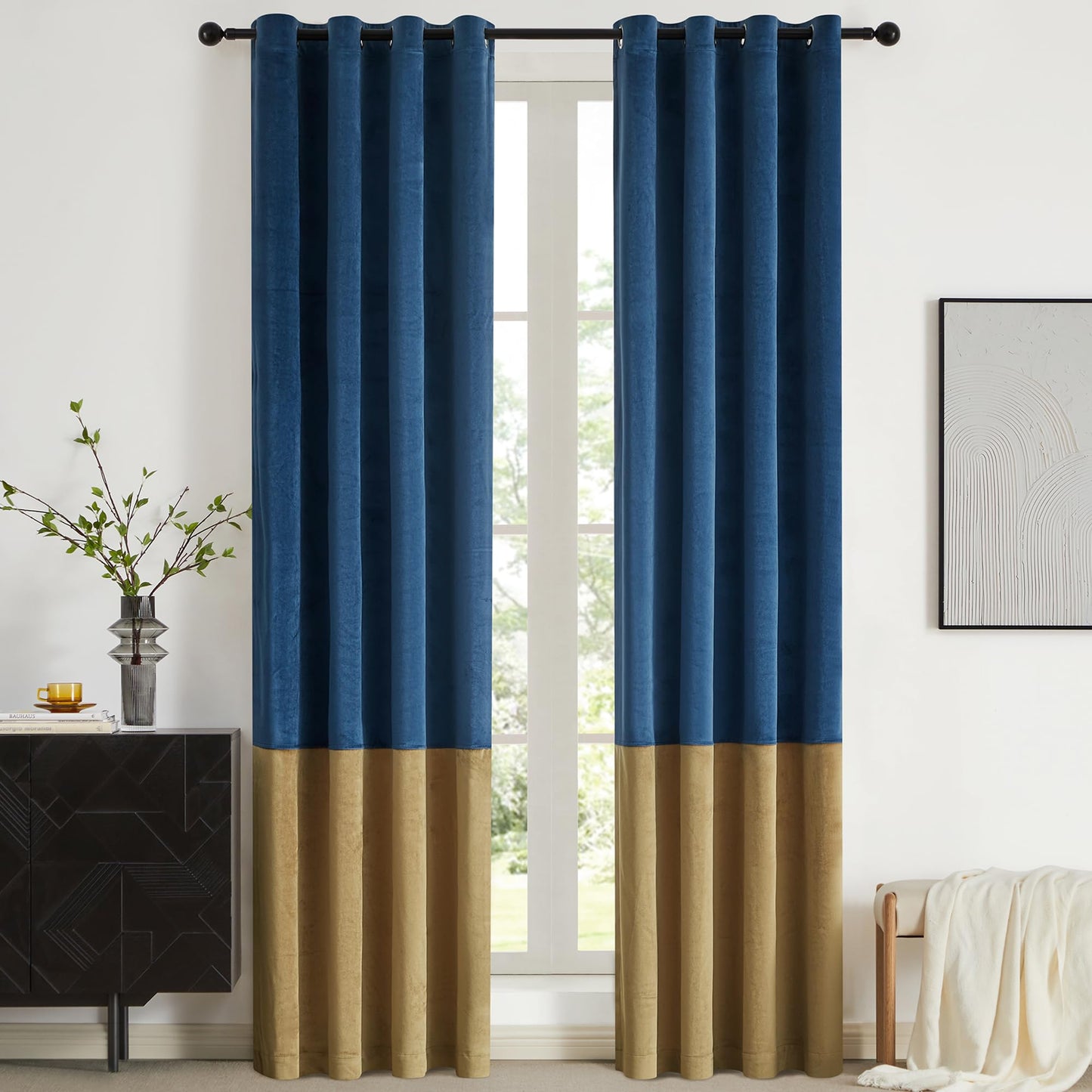 2 Tone Velvet Block Window Curtain Panels