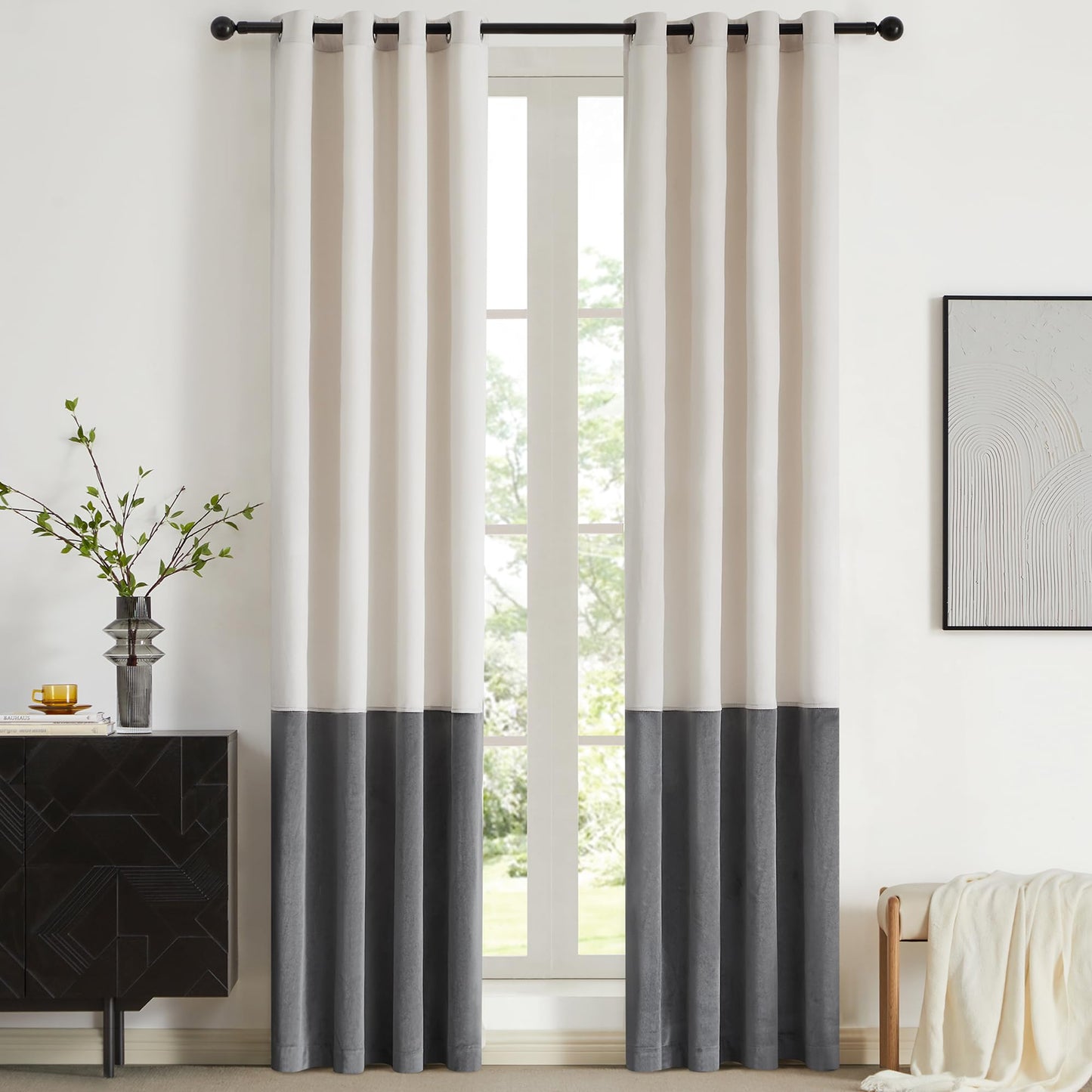 2 Tone Velvet Block Window Curtain Panels