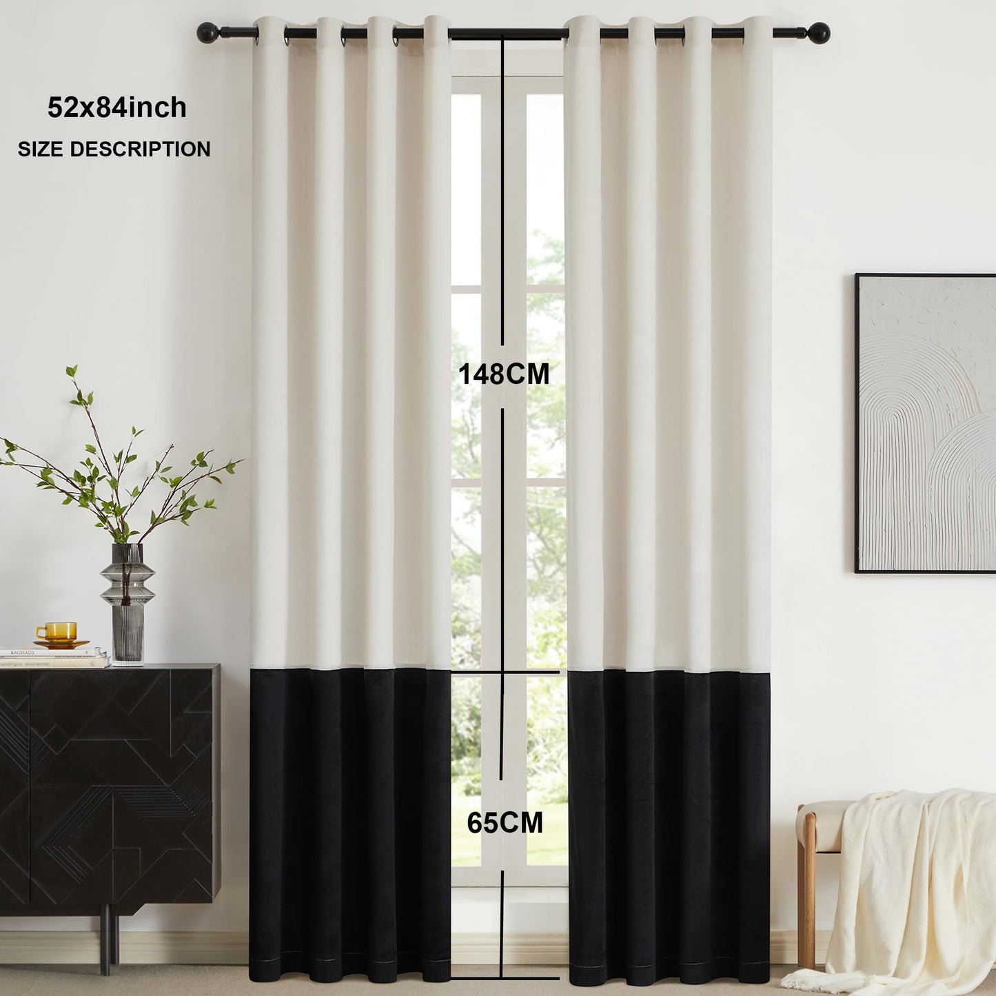 2 Tone Velvet Block Window Curtain Panels