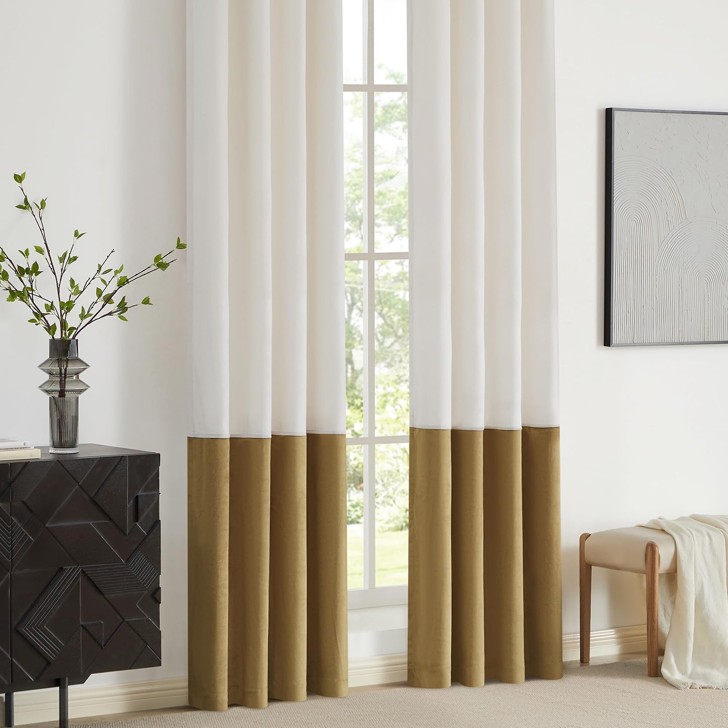 2 Tone Velvet Block Window Curtain Panels