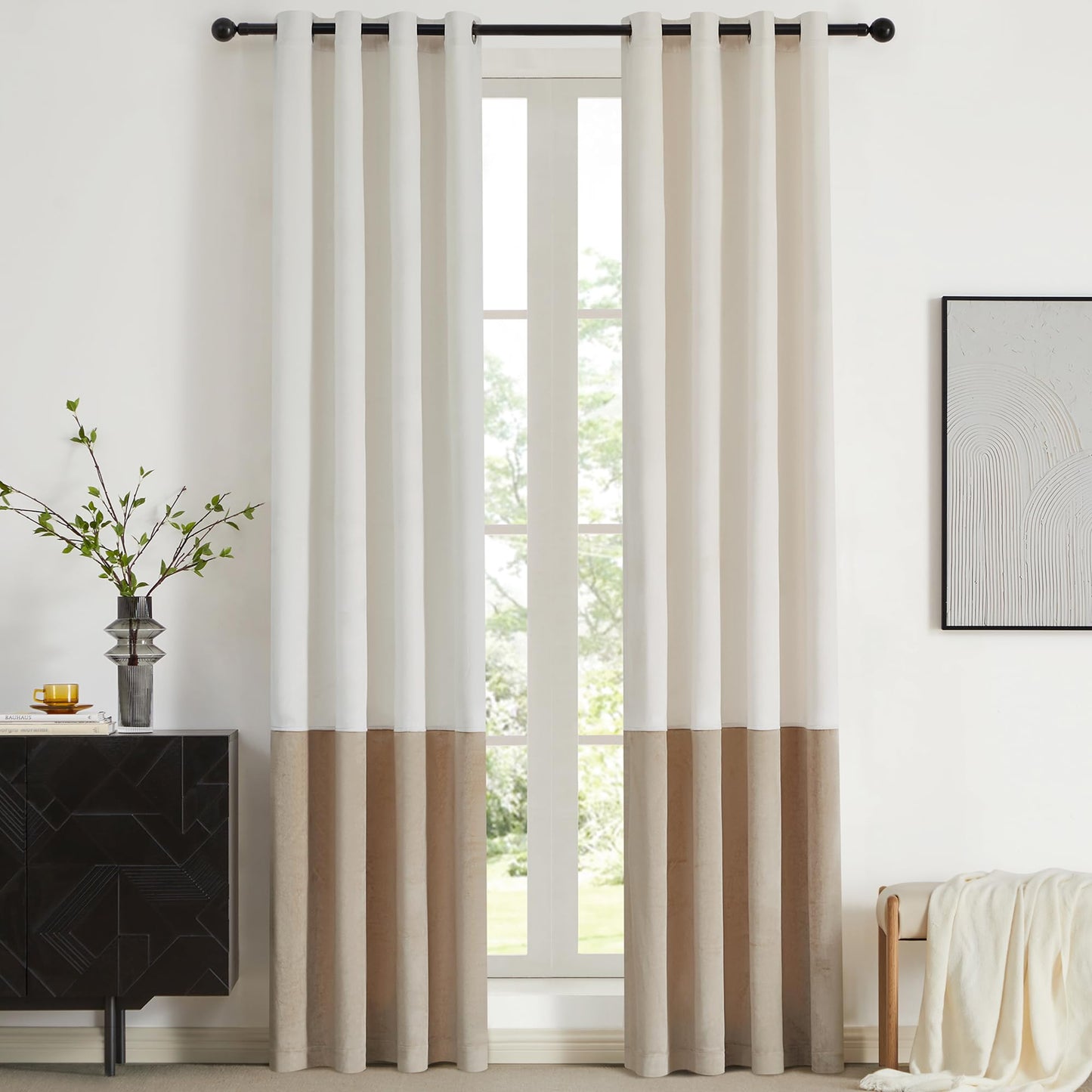 2 Tone Velvet Block Window Curtain Panels