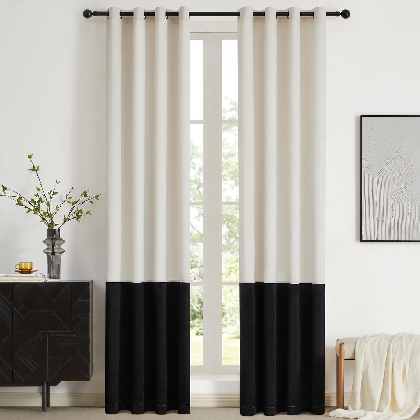 2 Tone Velvet Block Window Curtain Panels