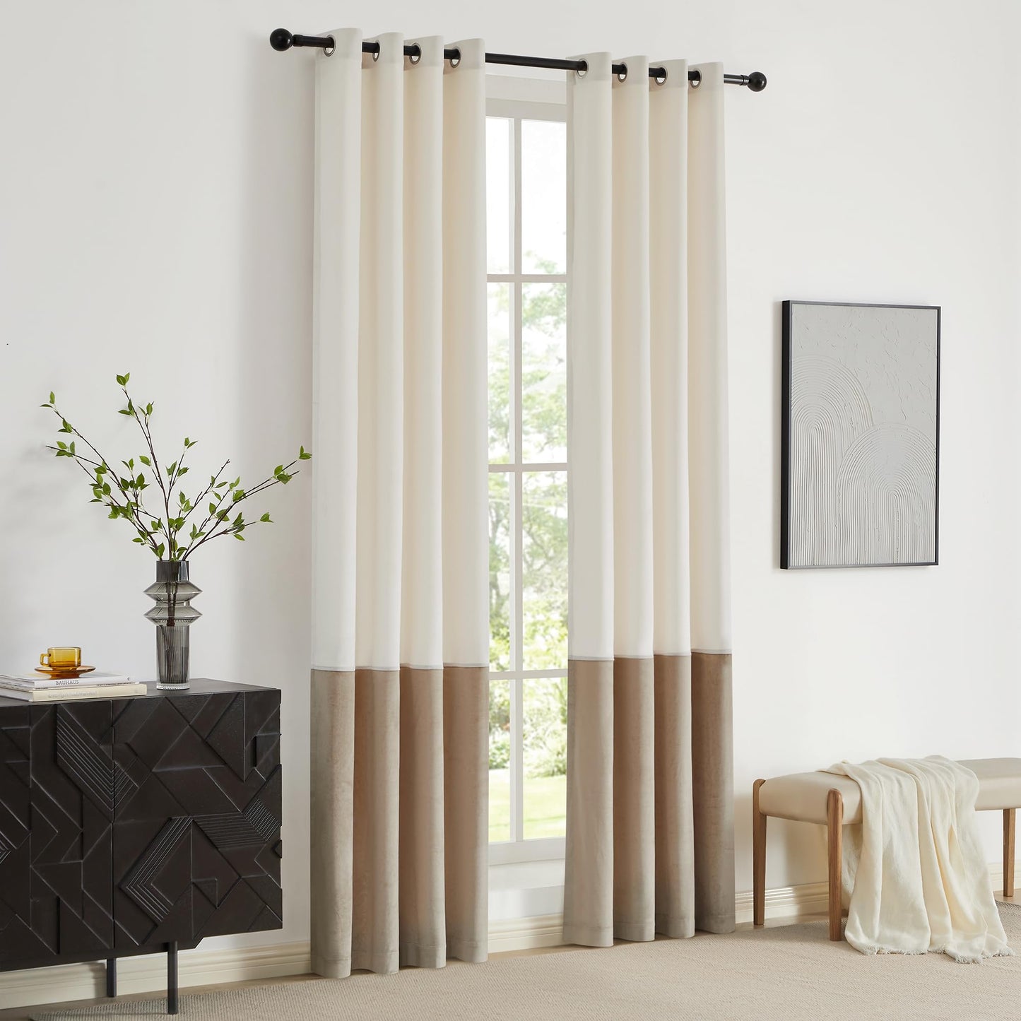 2 Tone Velvet Block Window Curtain Panels