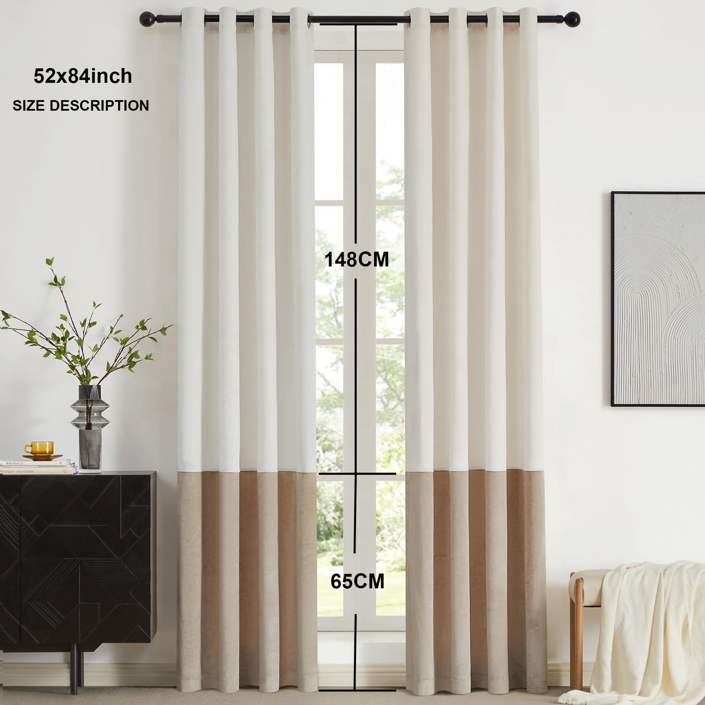 2 Tone Velvet Block Window Curtain Panels