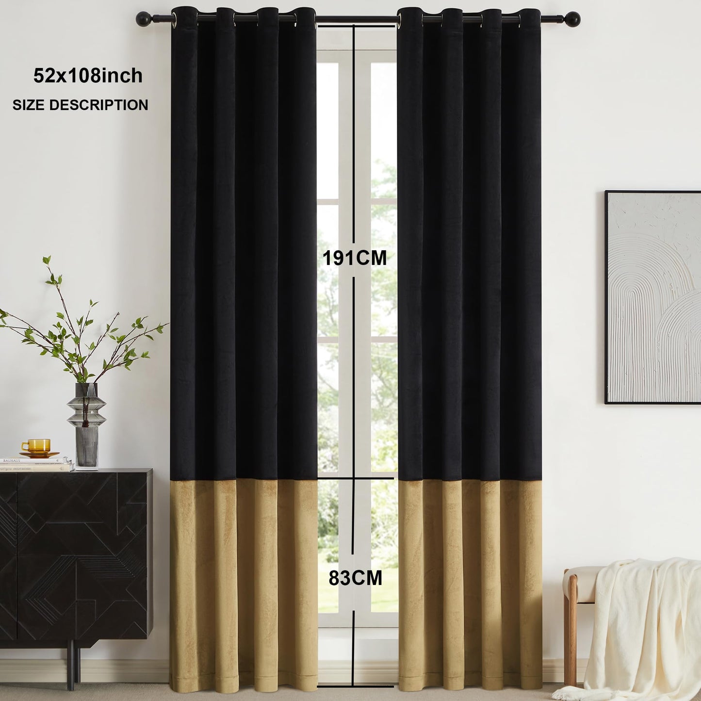 2 Tone Velvet Block Window Curtain Panels