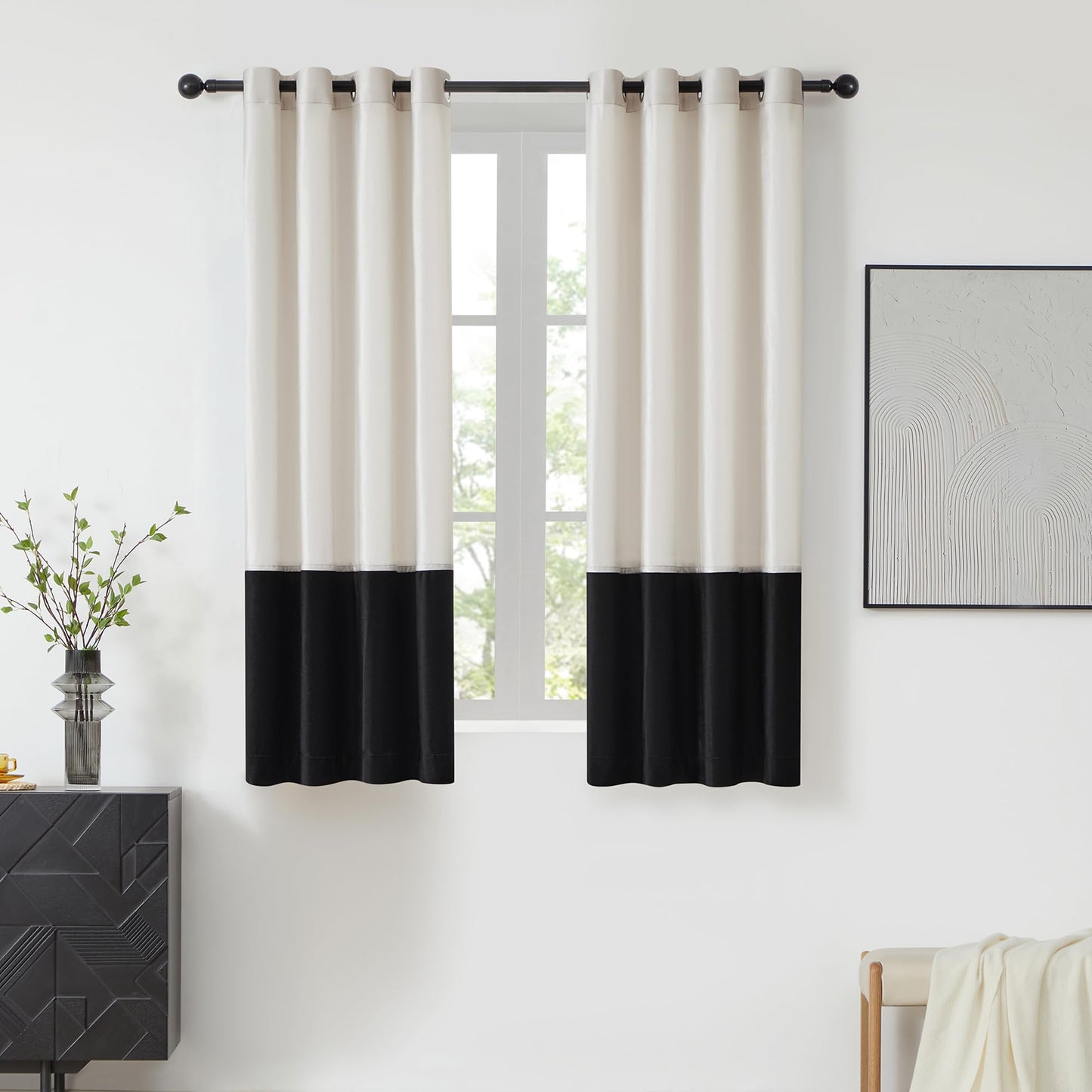 2 Tone Velvet Block Window Curtain Panels