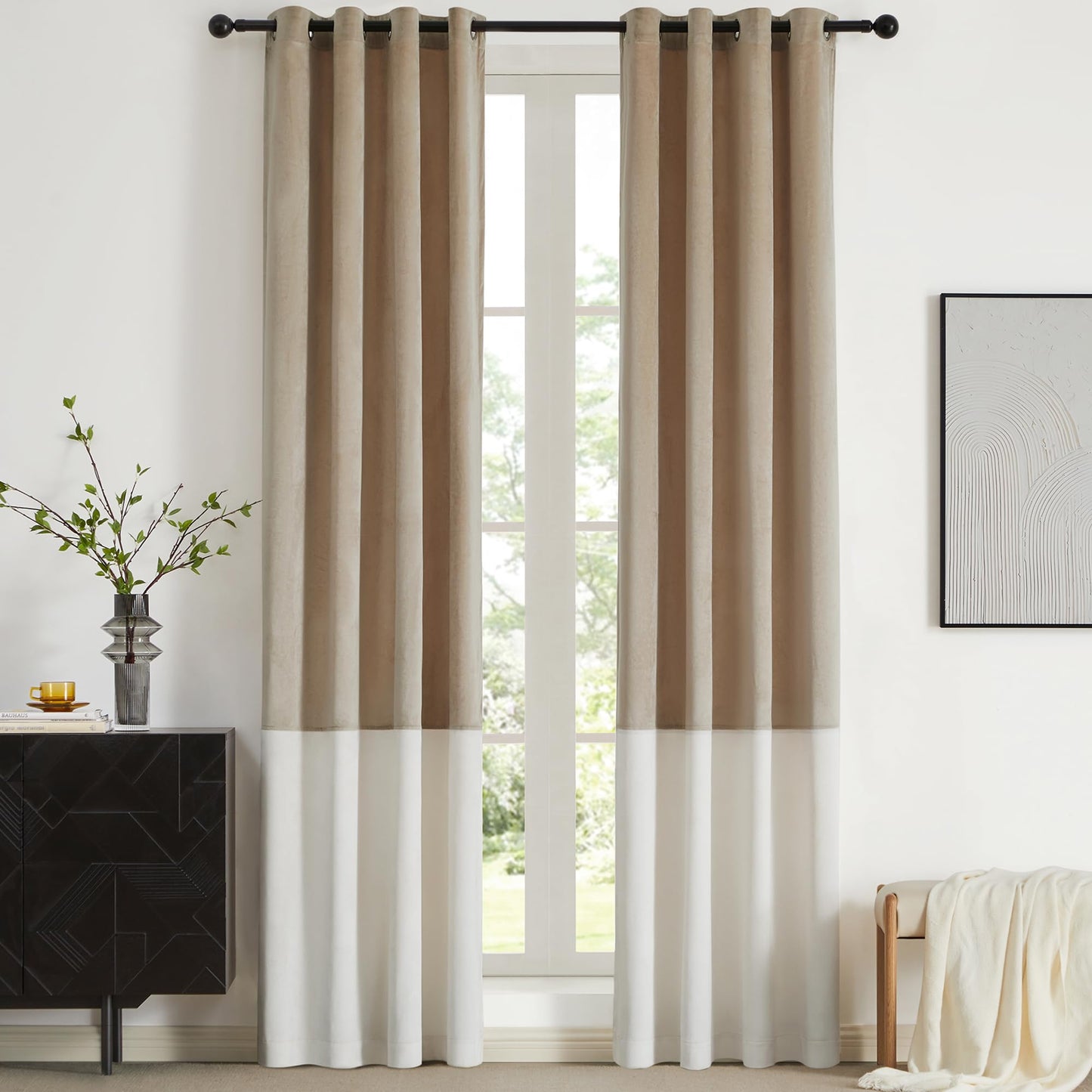 2 Tone Velvet Block Window Curtain Panels