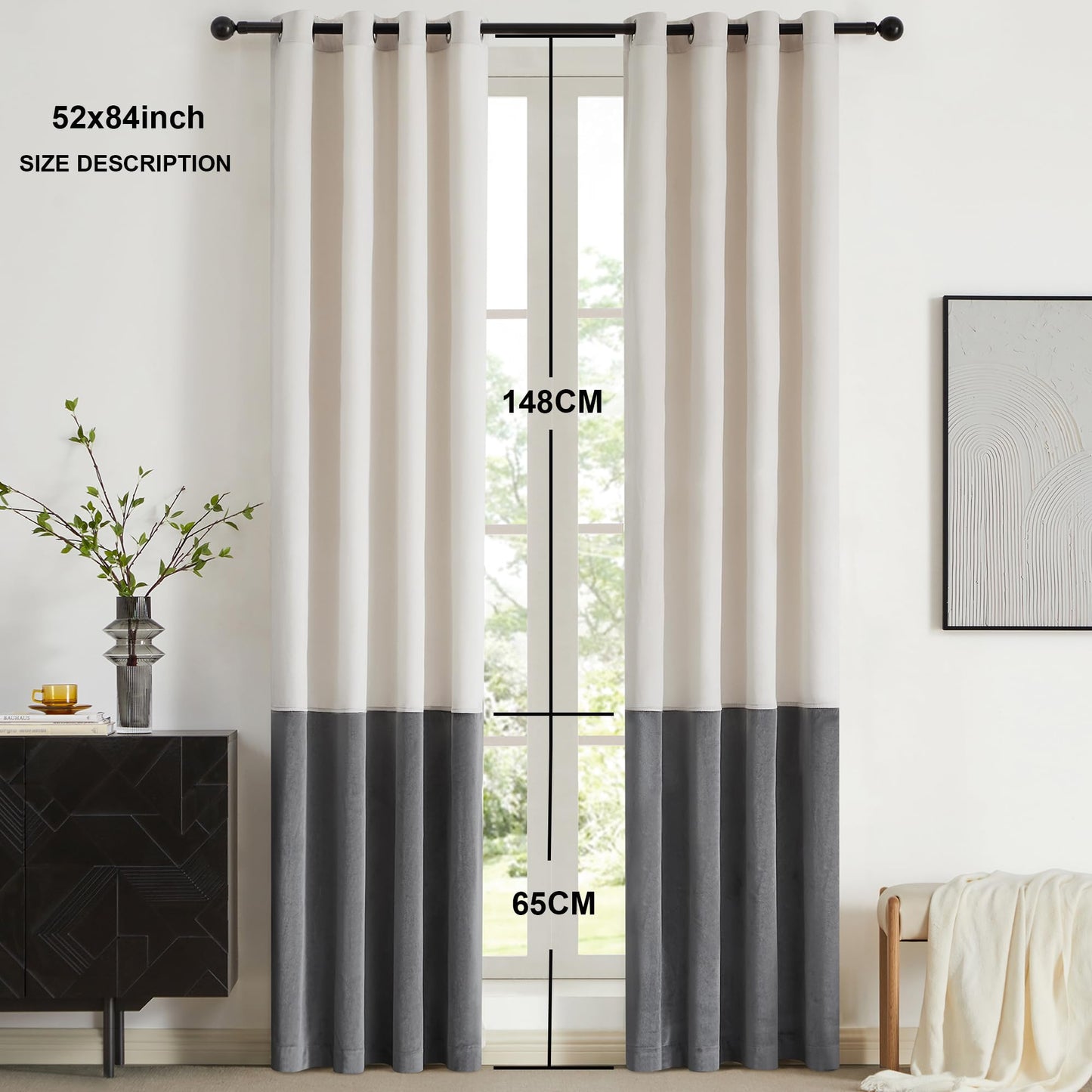 2 Tone Velvet Block Window Curtain Panels