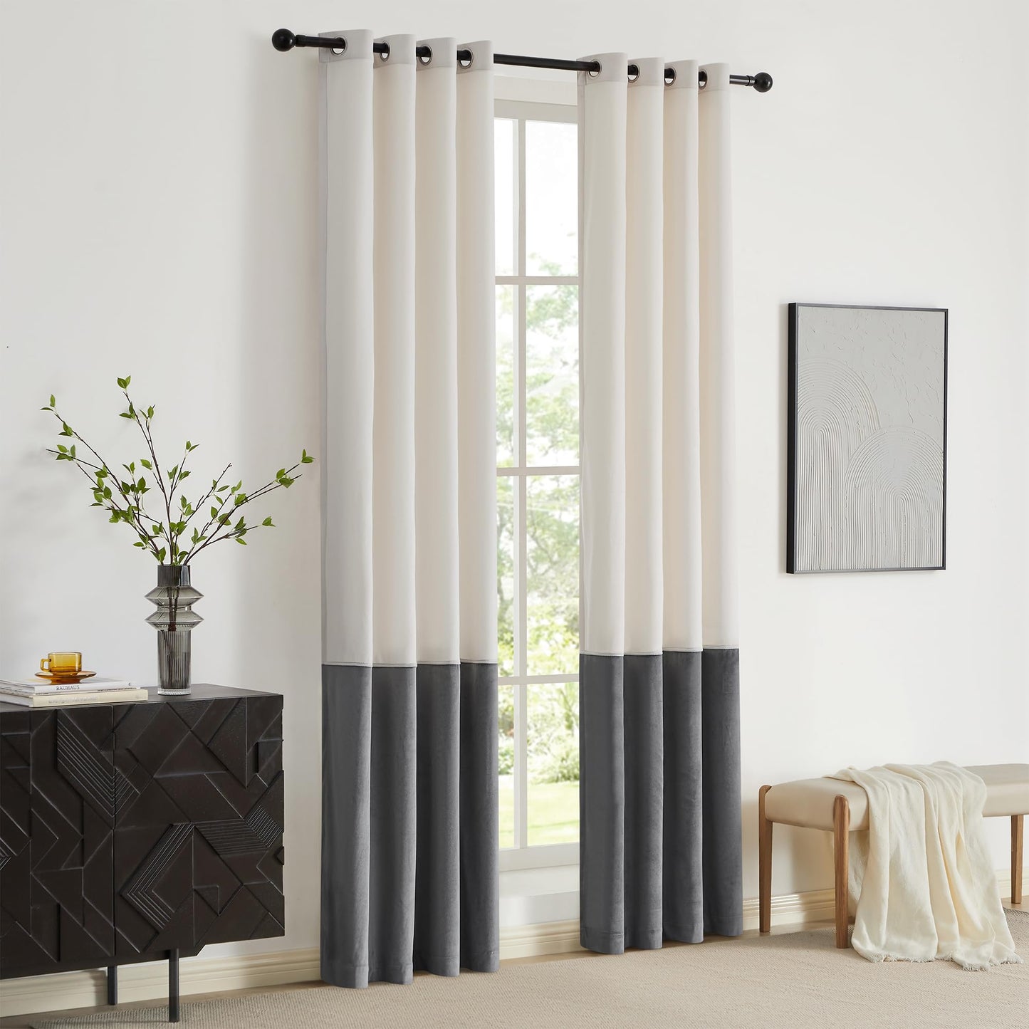 2 Tone Velvet Block Window Curtain Panels