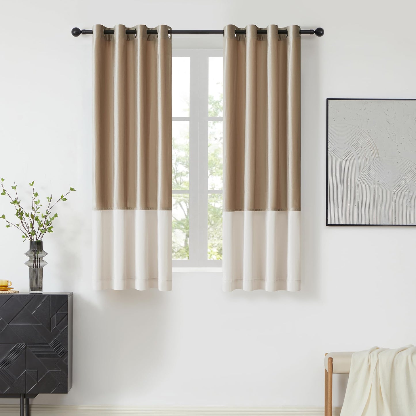 2 Tone Velvet Block Window Curtain Panels