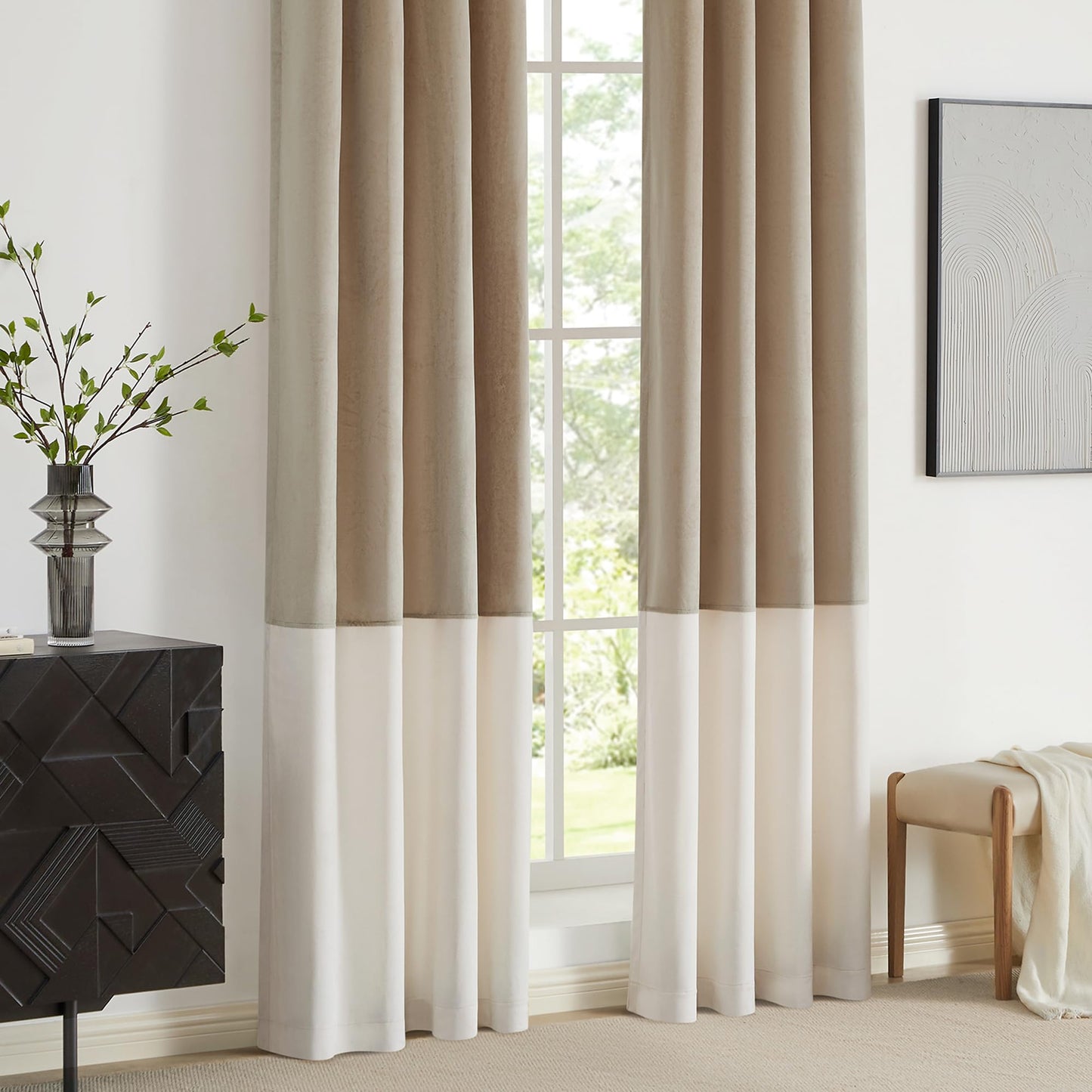 2 Tone Velvet Block Window Curtain Panels