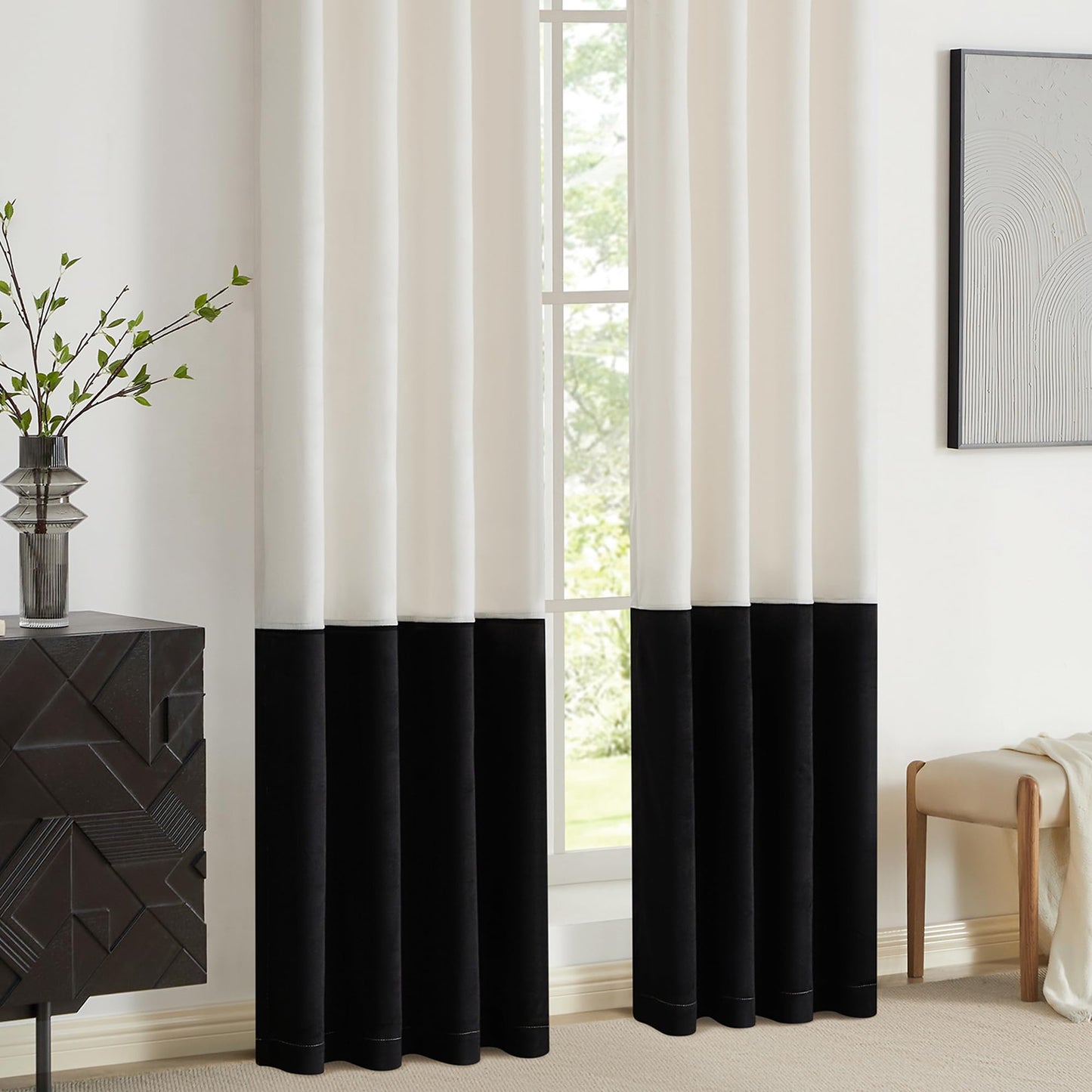 2 Tone Velvet Block Window Curtain Panels