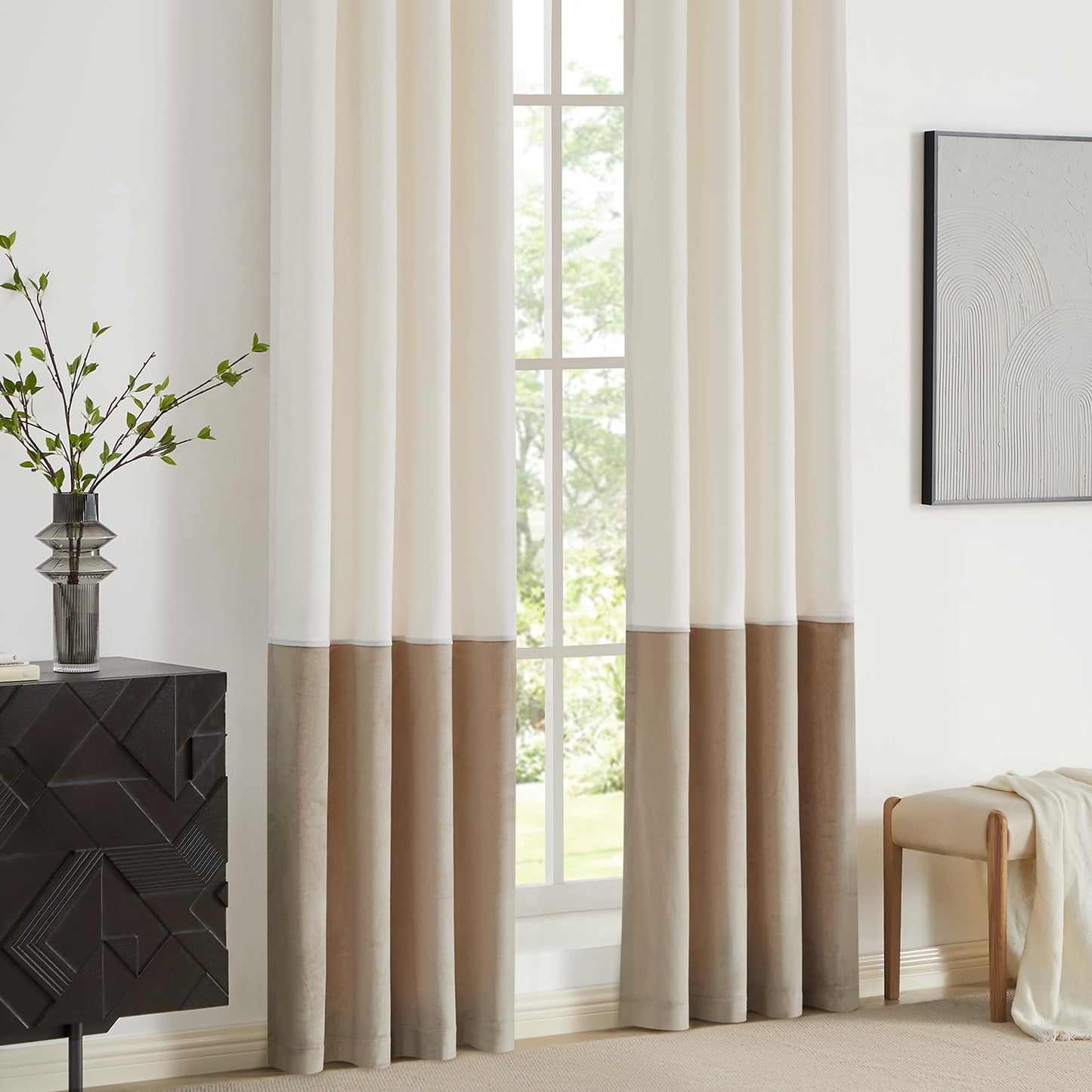 2 Tone Velvet Block Window Curtain Panels