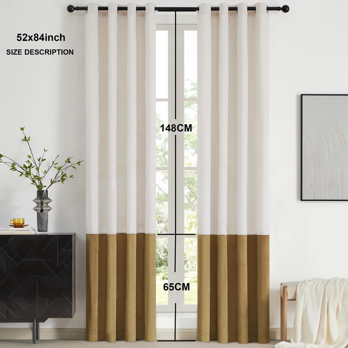 2 Tone Velvet Block Window Curtain Panels