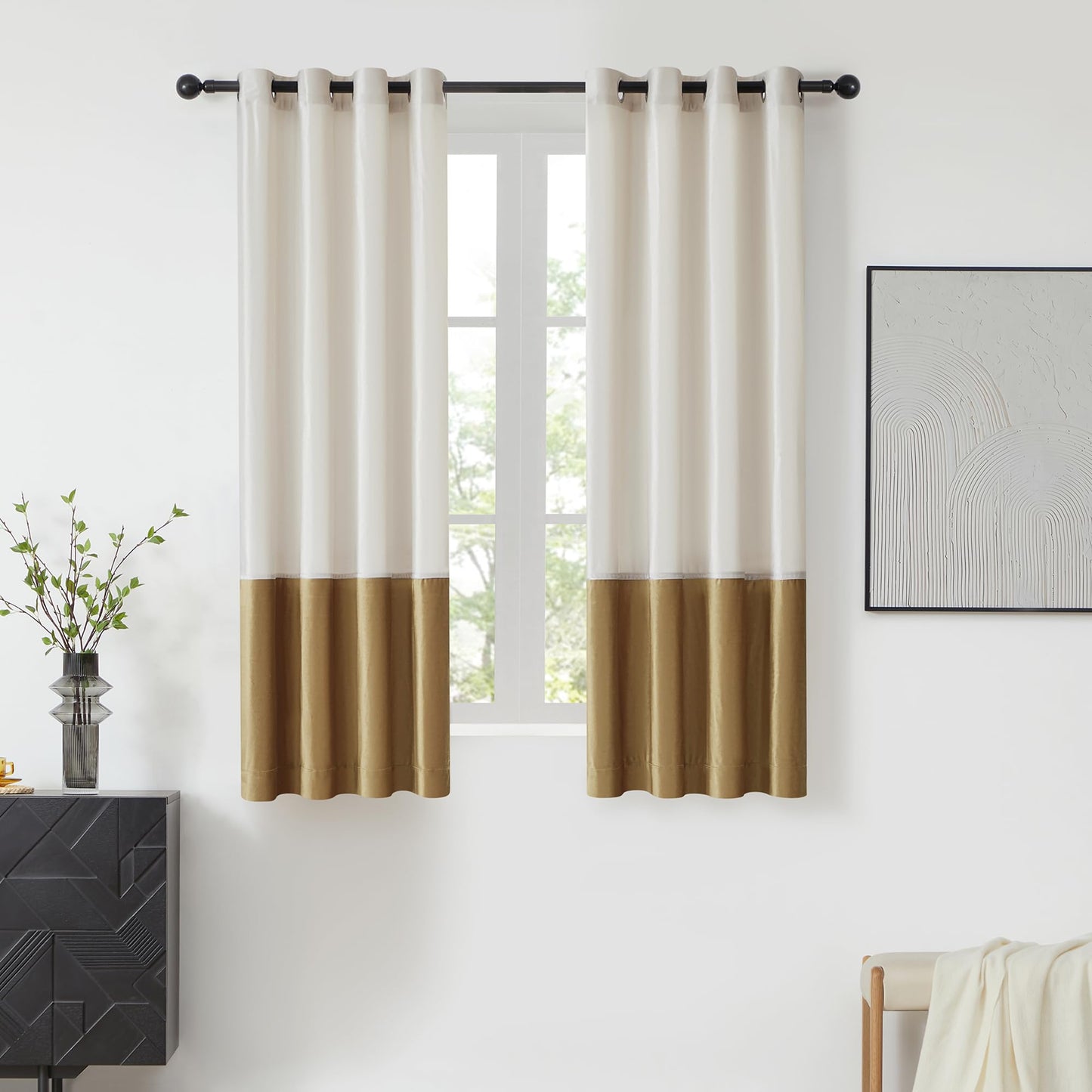 2 Tone Velvet Block Window Curtain Panels