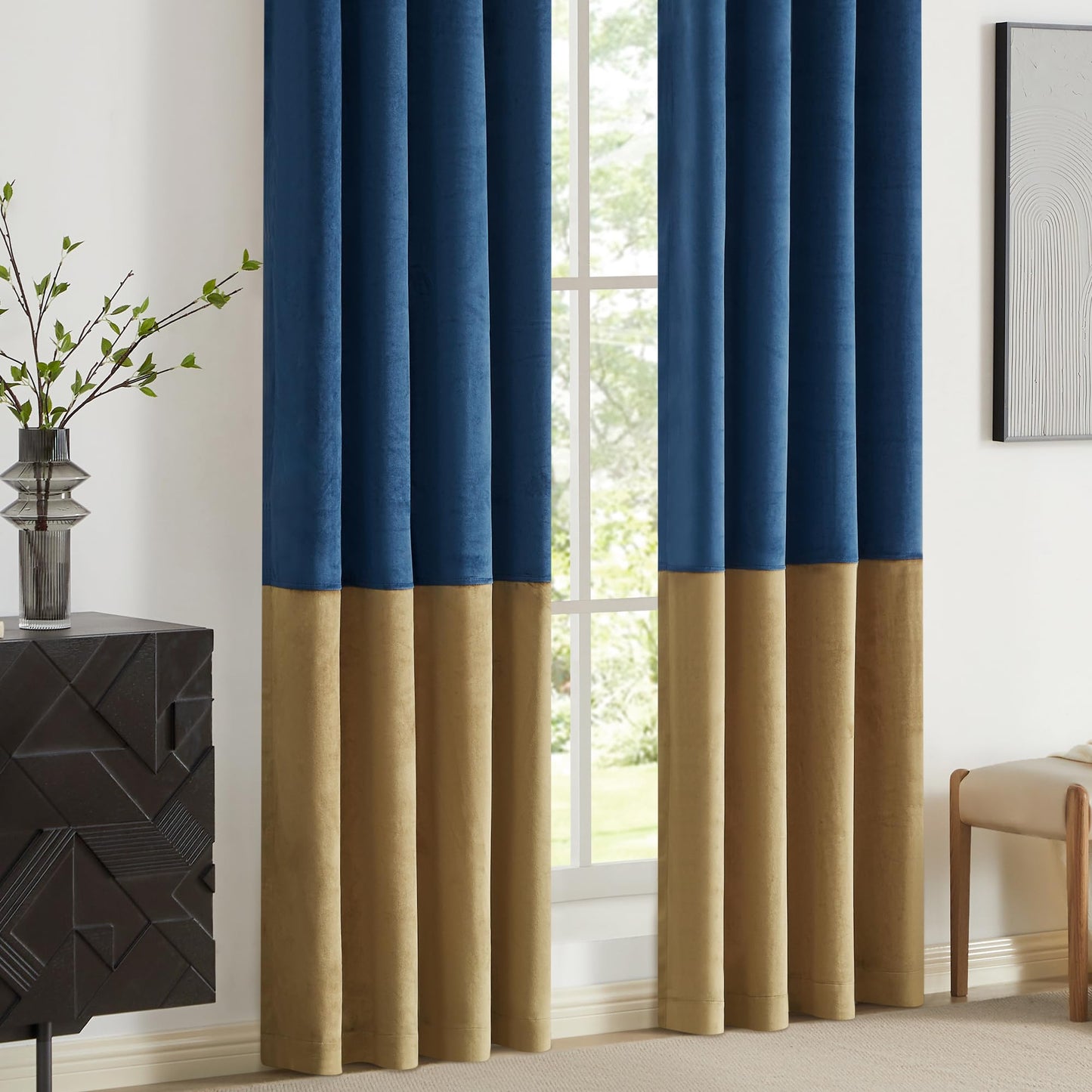 2 Tone Velvet Block Window Curtain Panels