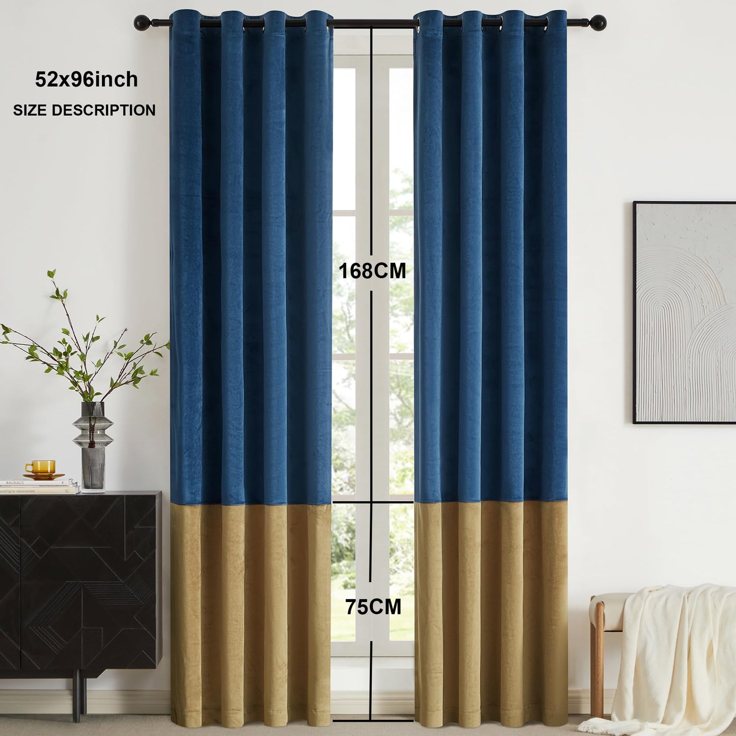 2 Tone Velvet Block Window Curtain Panels