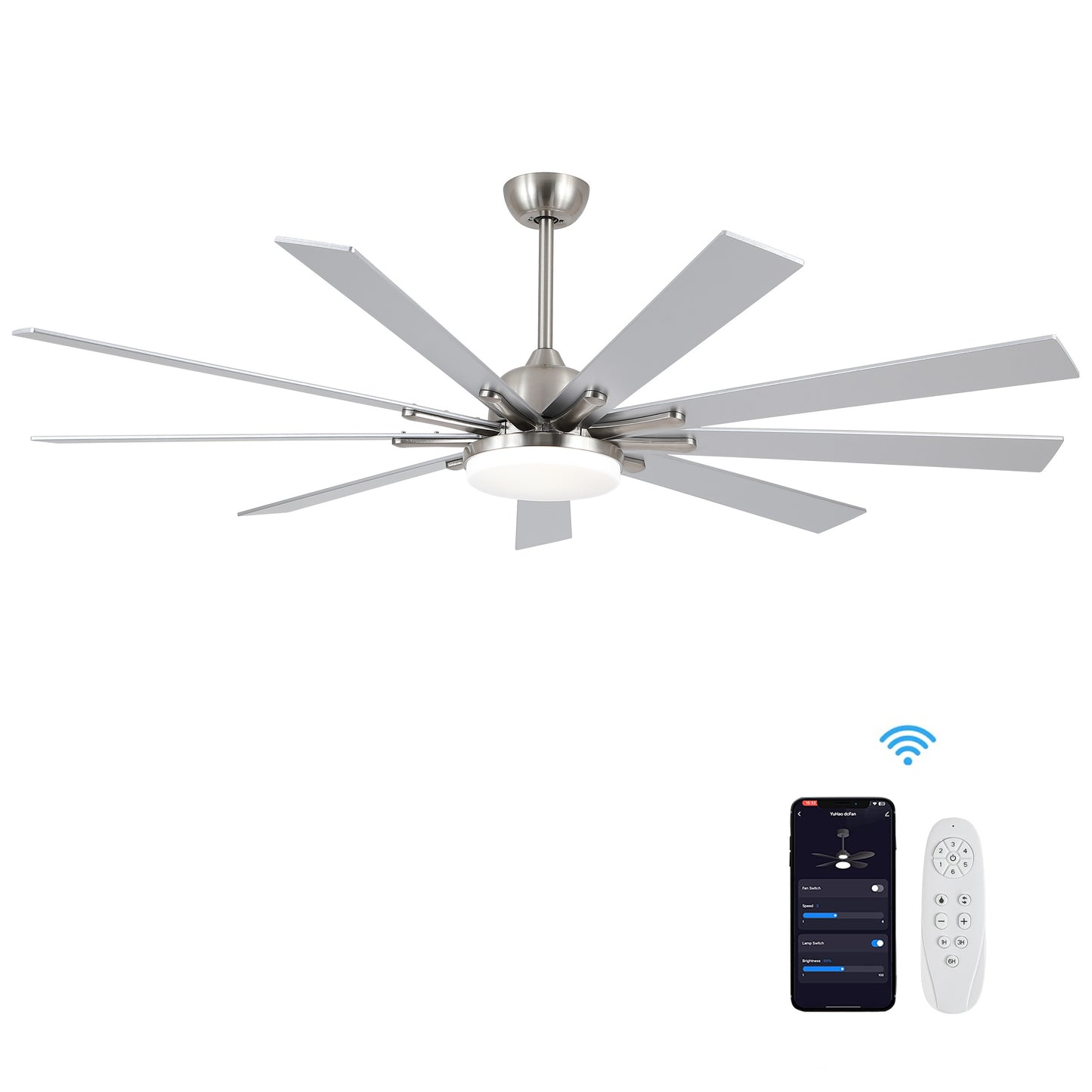 72" Indoor Brushed Nickel Smart Ceiling Fan with LED Light