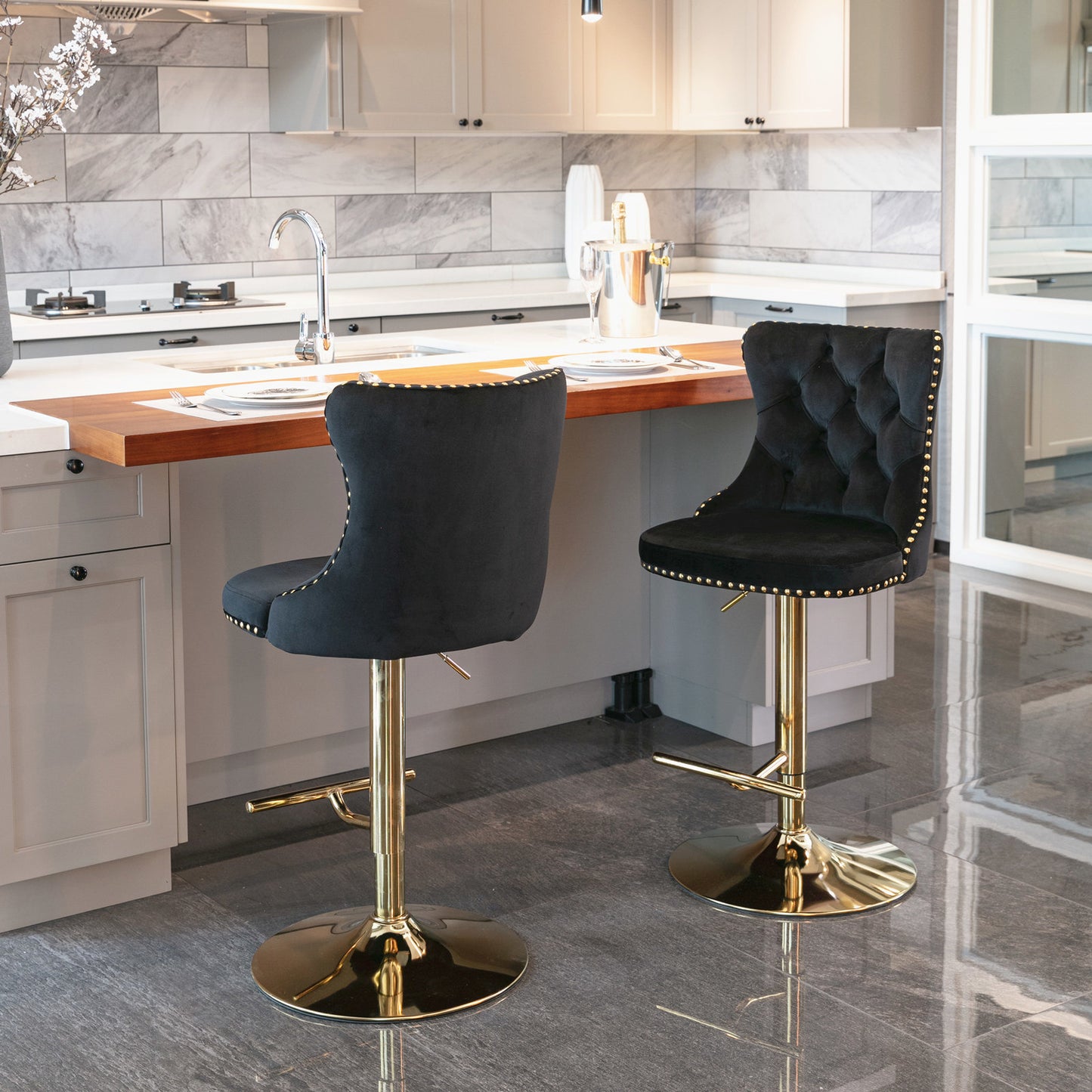 Black Modern Golden Swivel Velvet Barstools, Set of 2