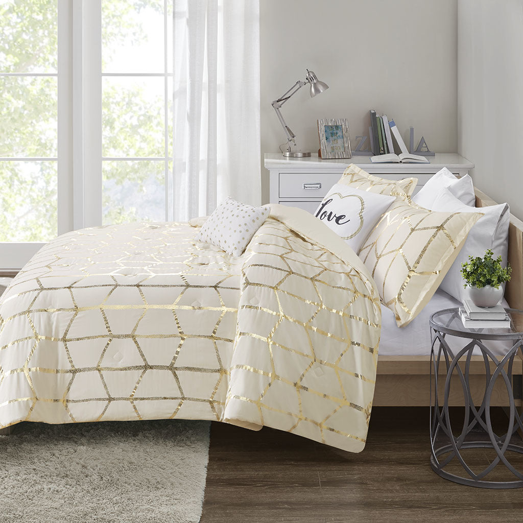 Cream Metallic Printed Comforter Set,