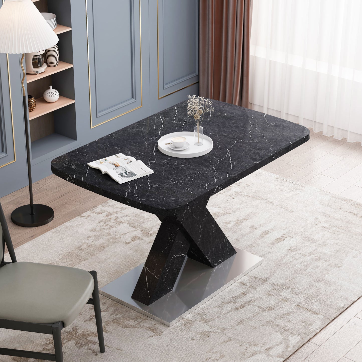 Black Marble Modern Square Dining Table. Metal Base