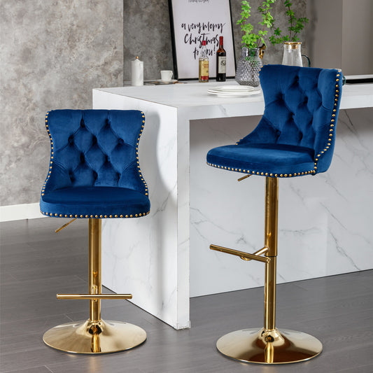 Blue Golden Swivel Velvet Barstools, Set of 2