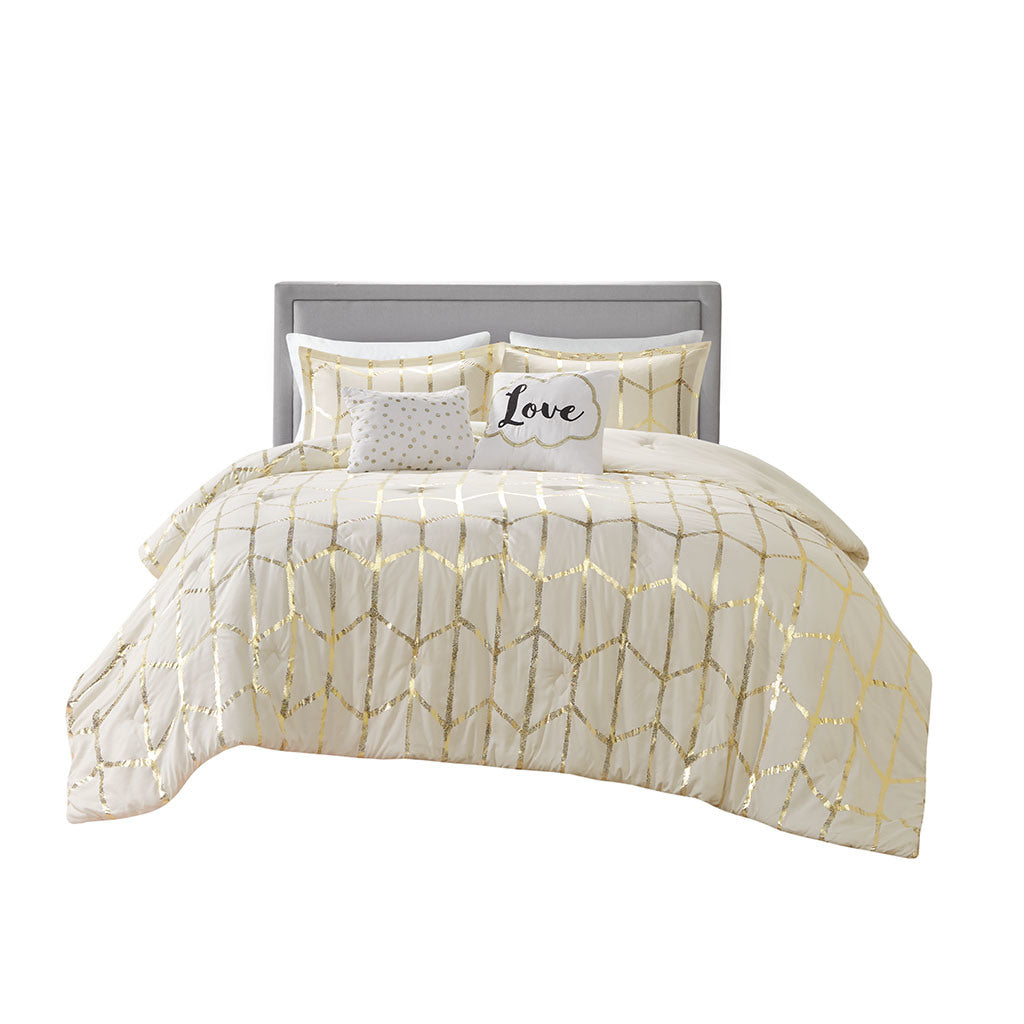 Cream Metallic Printed Comforter Set,